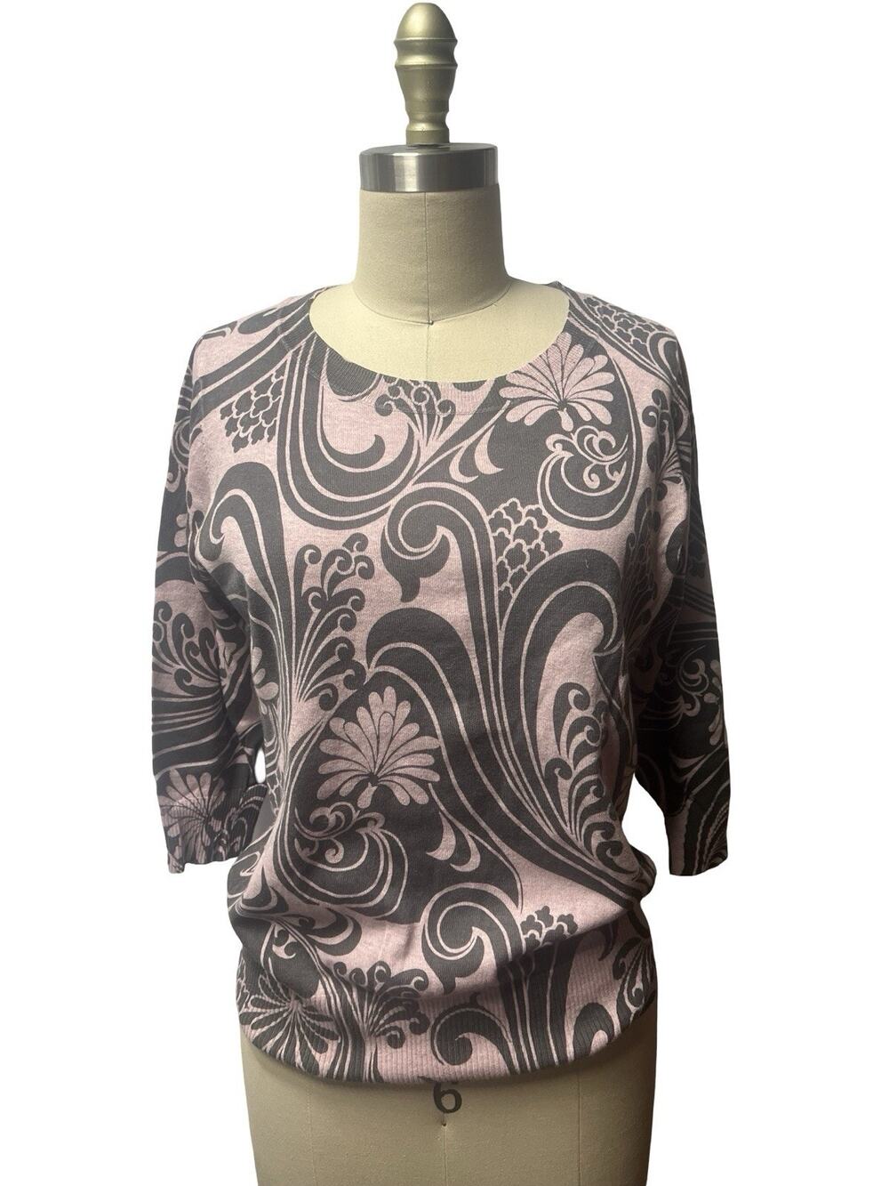 Boden Womens UK 14 / US 10 Pink Grey Sweater Cashmere Cotton Floral 3/4 Sleeve